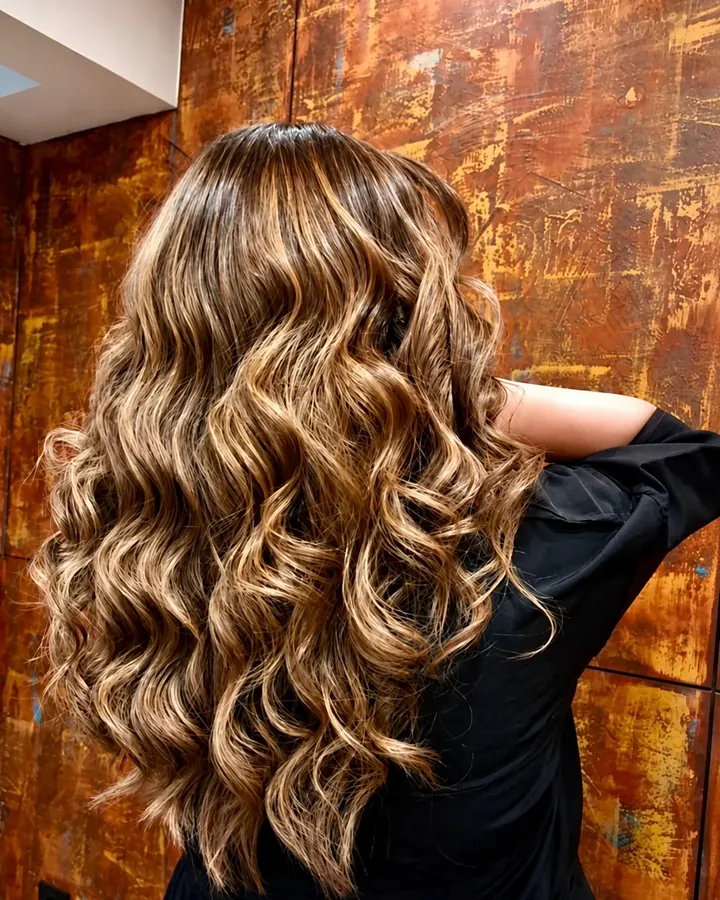 Honey balayage σε κυματιστό μαλλί — GK Hair Salon